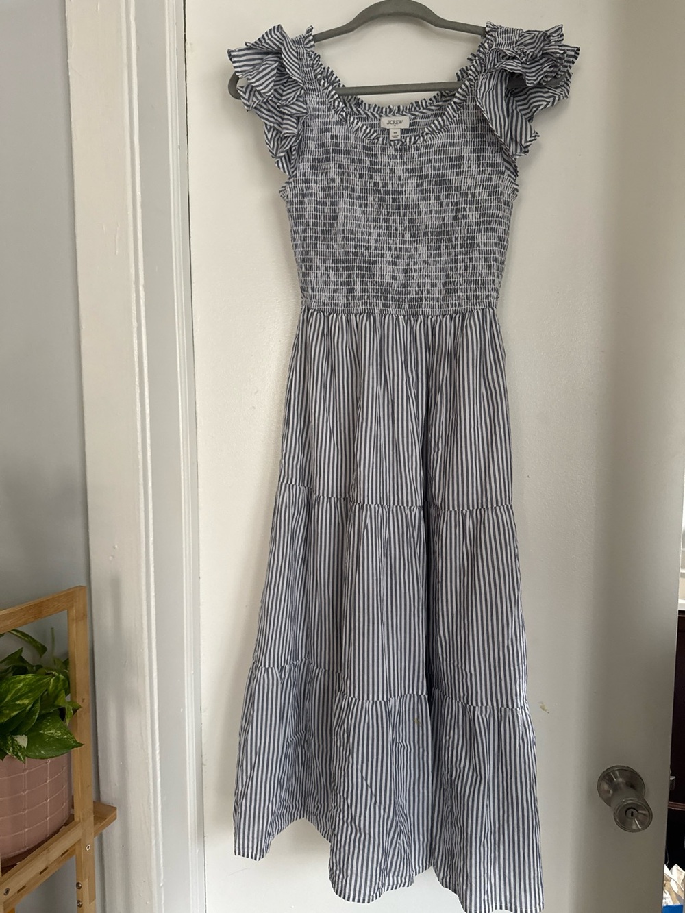 J. Crew Blue and White Striped Ruffle-Sleeve Smocked Midi Dress